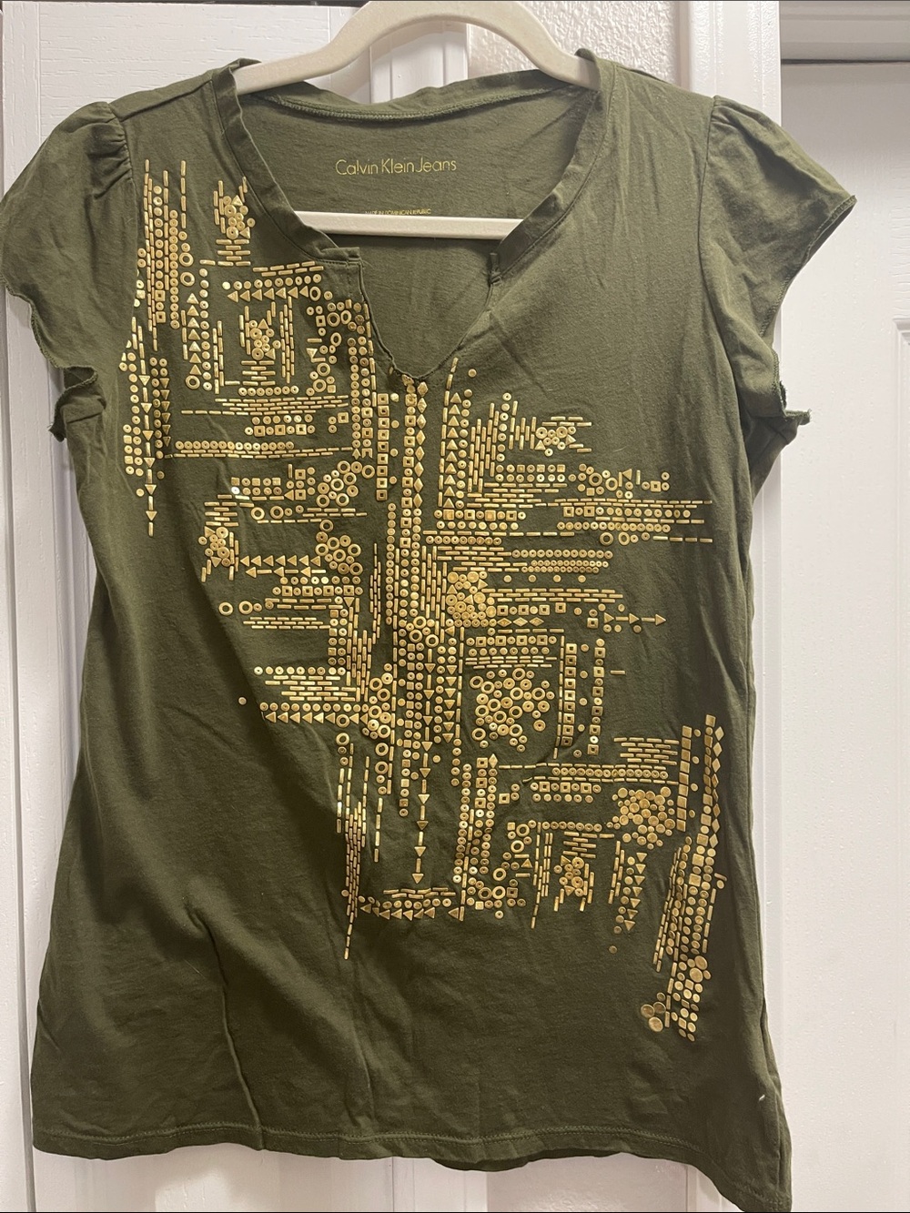 Calvin Klein Jeans Olive Green Short Sleeve Tee with Gold Stud Graphic